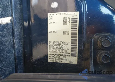 2010 Nissan Maxima 3.5 Sv z USA, uszkodzony, nr VIN 1N4AA5AP9AC820979